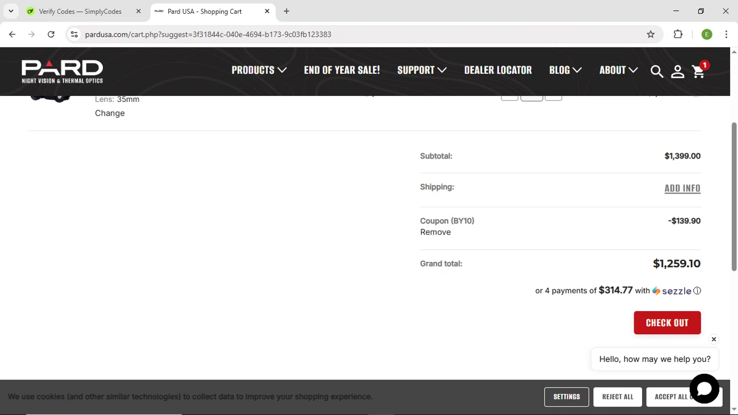 PARD checkout page showing PARD coupon code box | Screenshot taken by SimplyCodes community member on Dec 15, 2025