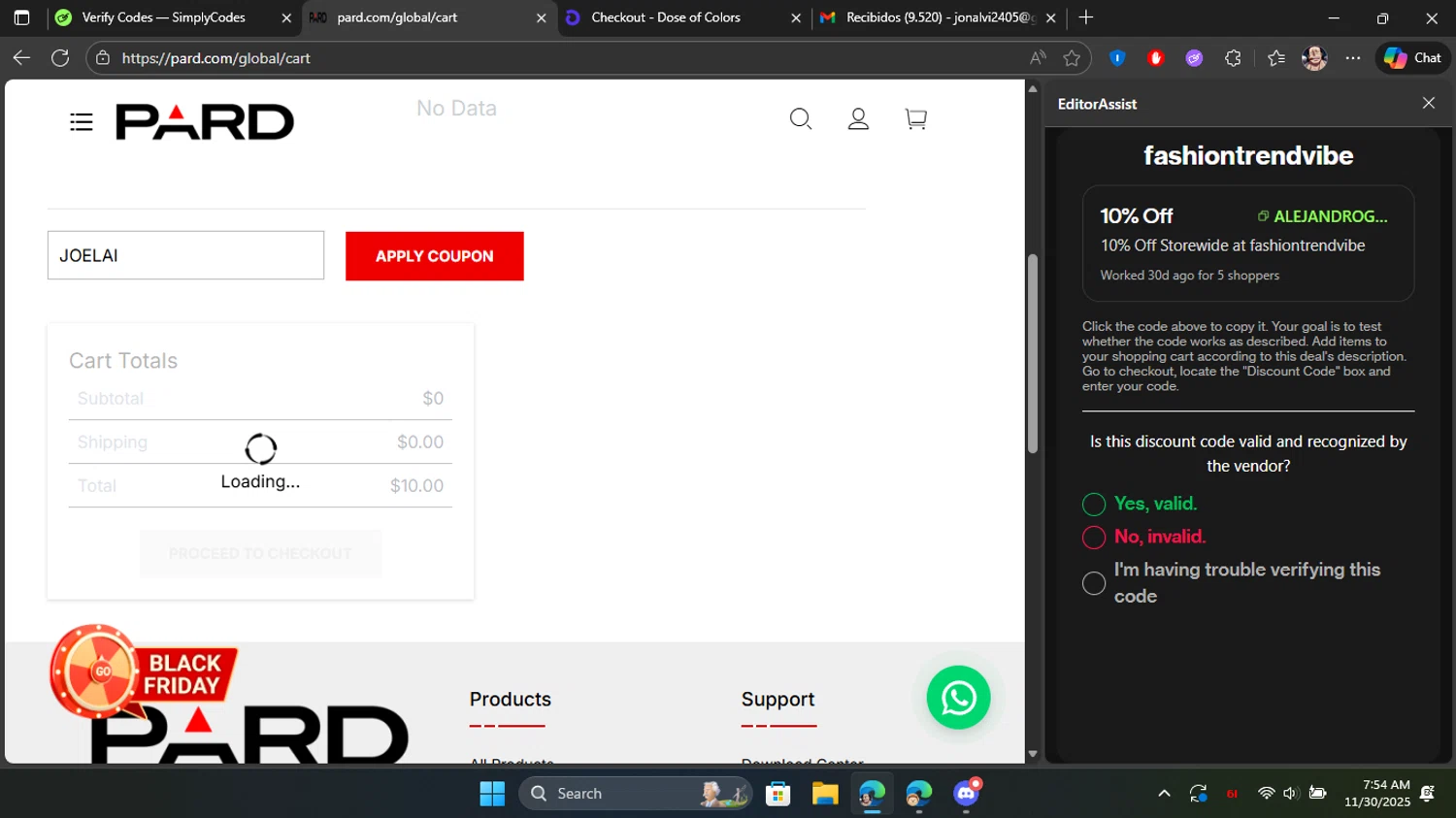 PARD coupon code screenshot showing code JOELAI applied at PARD checkout page. Uploaded by SimplyCodes community member Blackleg_Sanji on Nov 30, 2025