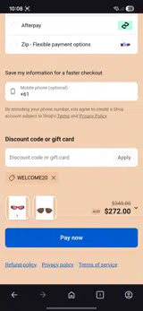 Welcome20 coupon verification screenshot