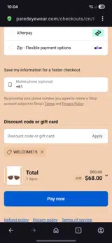 Welcome15 coupon verification screenshot
