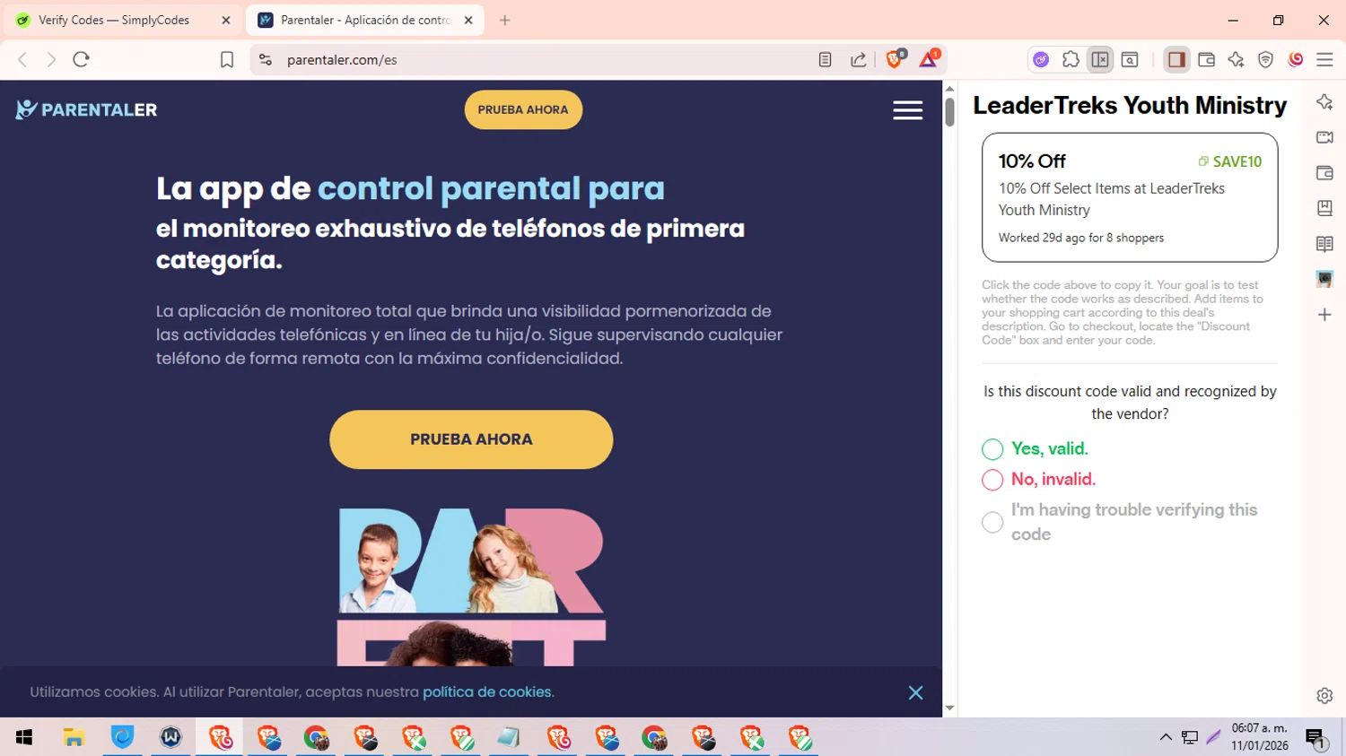 Parentaler promo code screenshot showing code KNOJI20 applied at Parentaler checkout page. Uploaded by SimplyCodes community member Ingeniero on Jan 11, 2026