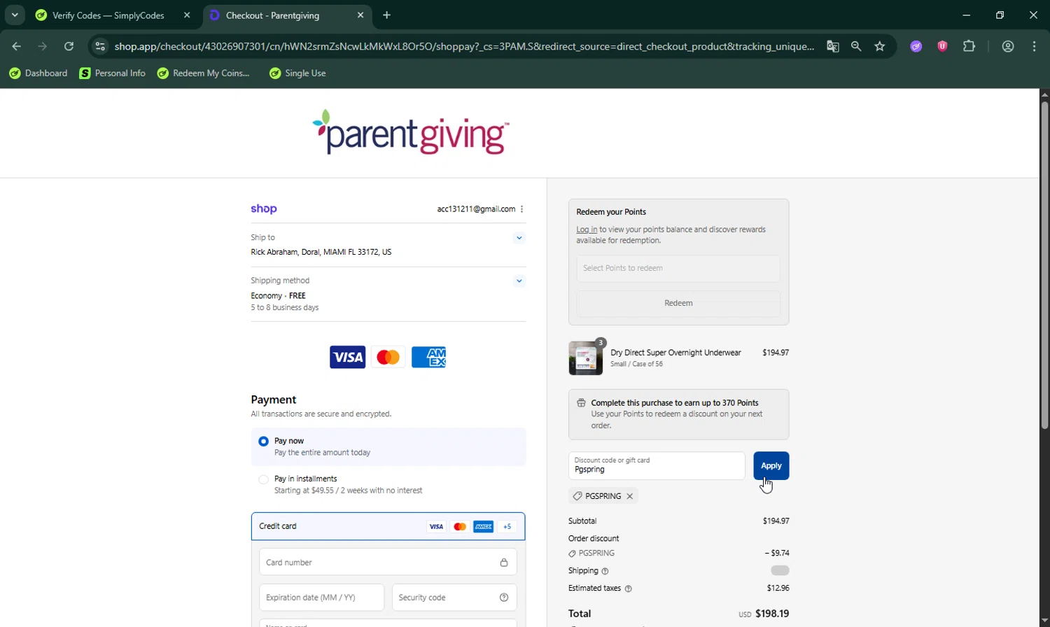 Parentgiving promo code screenshot showing code Pgspring applied at Parentgiving checkout page. Uploaded by SimplyCodes community member LHaunter on Sep 12, 2025