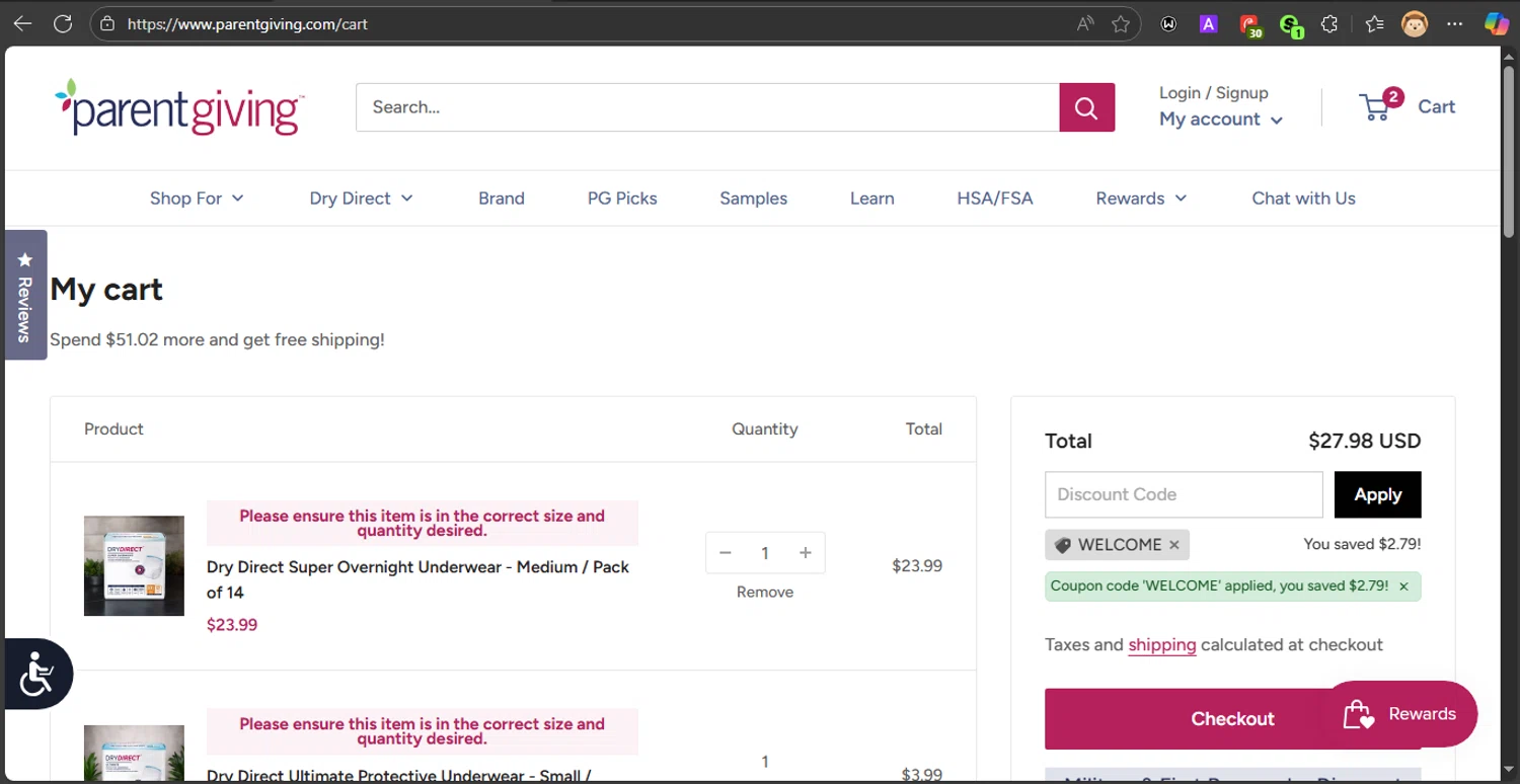 Parentgiving promo code screenshot showing code WELCOME applied at Parentgiving checkout page. Uploaded by SimplyCodes community member LOVECOUPON on Nov 14, 2025