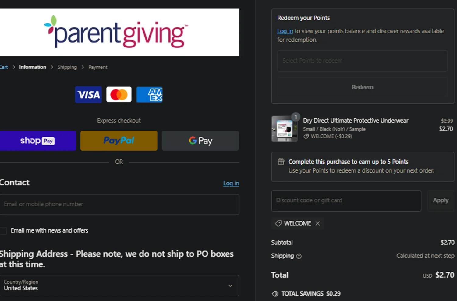 Parentgiving promo code screenshot showing code WELCOME applied at Parentgiving checkout page. Uploaded by SimplyCodes community member idkxxx on Feb 7, 2025