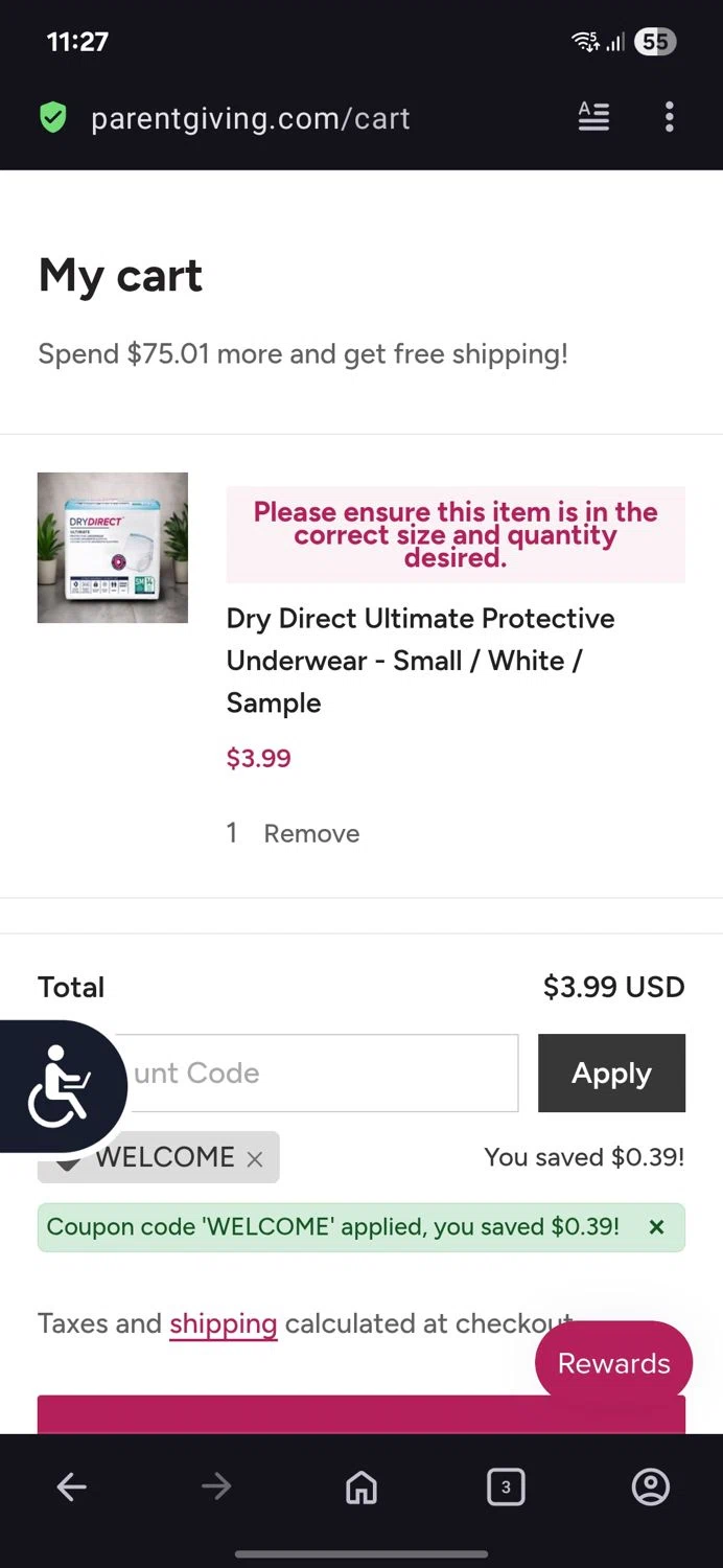 Parentgiving promo code screenshot showing code Welcome applied at Parentgiving checkout page. Uploaded by SimplyCodes community member BB9542251456527 on Nov 9, 2025