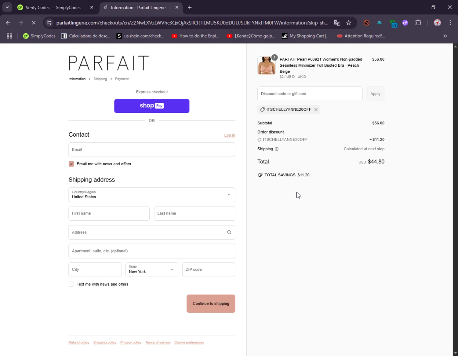 Parfait Lingerie promo code screenshot showing code ITSCHELLYANNE20OFF applied at Parfait Lingerie checkout page. Uploaded by SimplyCodes community member ElIntrepidoVolador on Jun 22, 2025