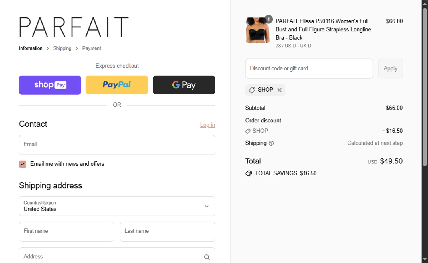 Parfait Lingerie promo code screenshot showing code SHOP applied at Parfait Lingerie checkout page. Uploaded by SimplyCodes community member Santi_ago on Aug 27, 2025