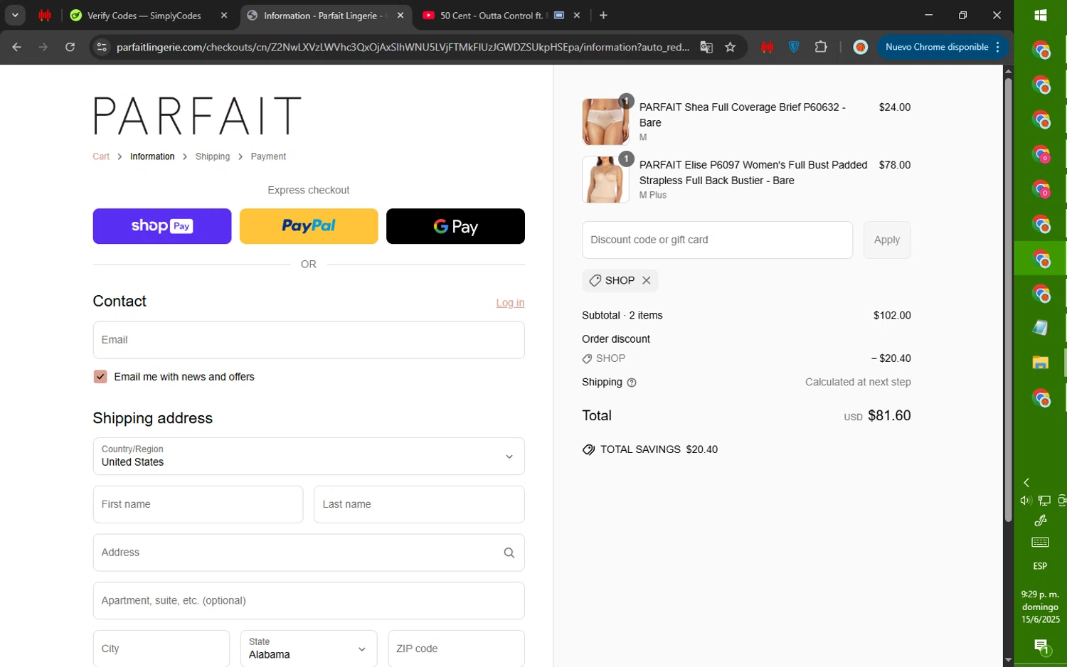 Parfait Lingerie promo code screenshot showing code SHOP applied at Parfait Lingerie checkout page. Uploaded by SimplyCodes community member ValiantWarden8956 on Jun 16, 2025