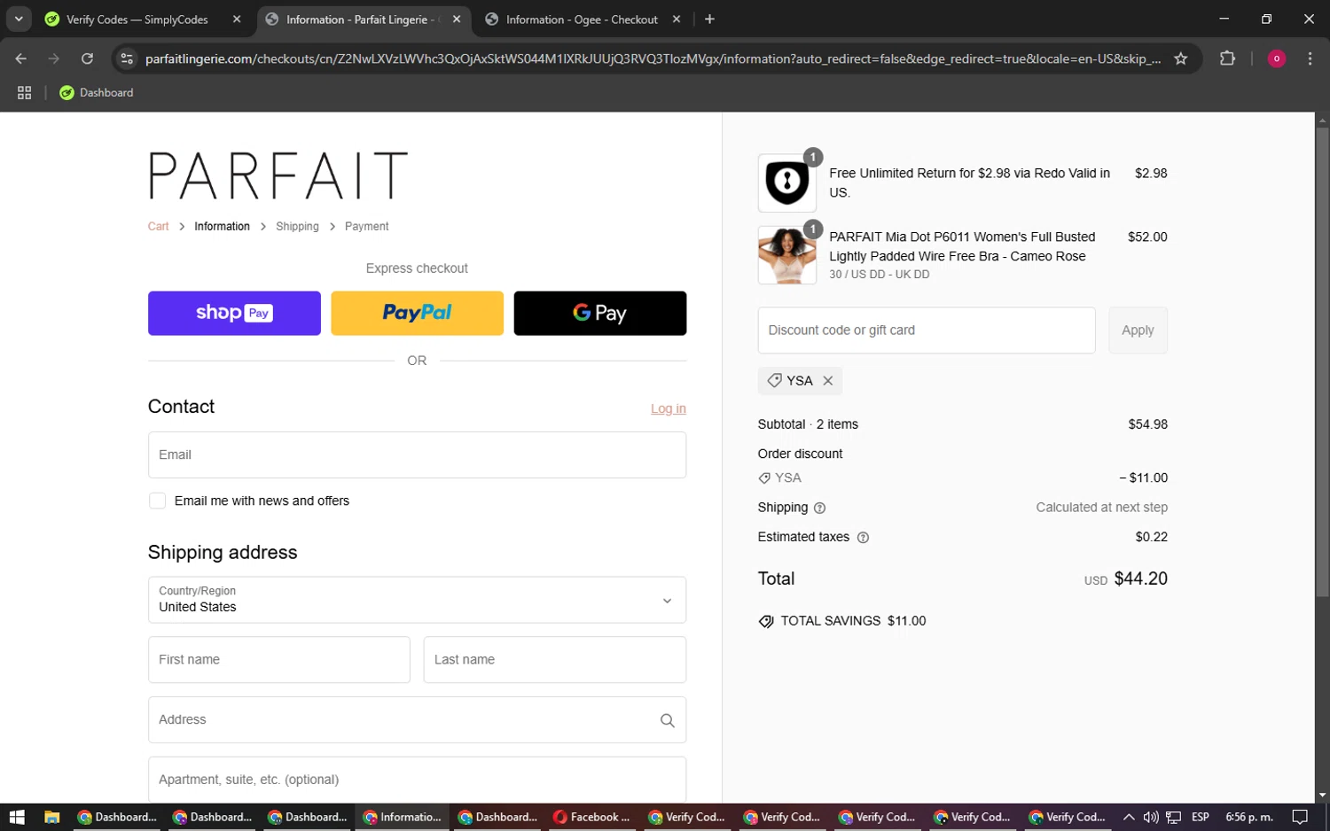 Parfait Lingerie promo code screenshot showing code YSA applied at Parfait Lingerie checkout page. Uploaded by SimplyCodes community member RebateSpotter9164 on Feb 11, 2025