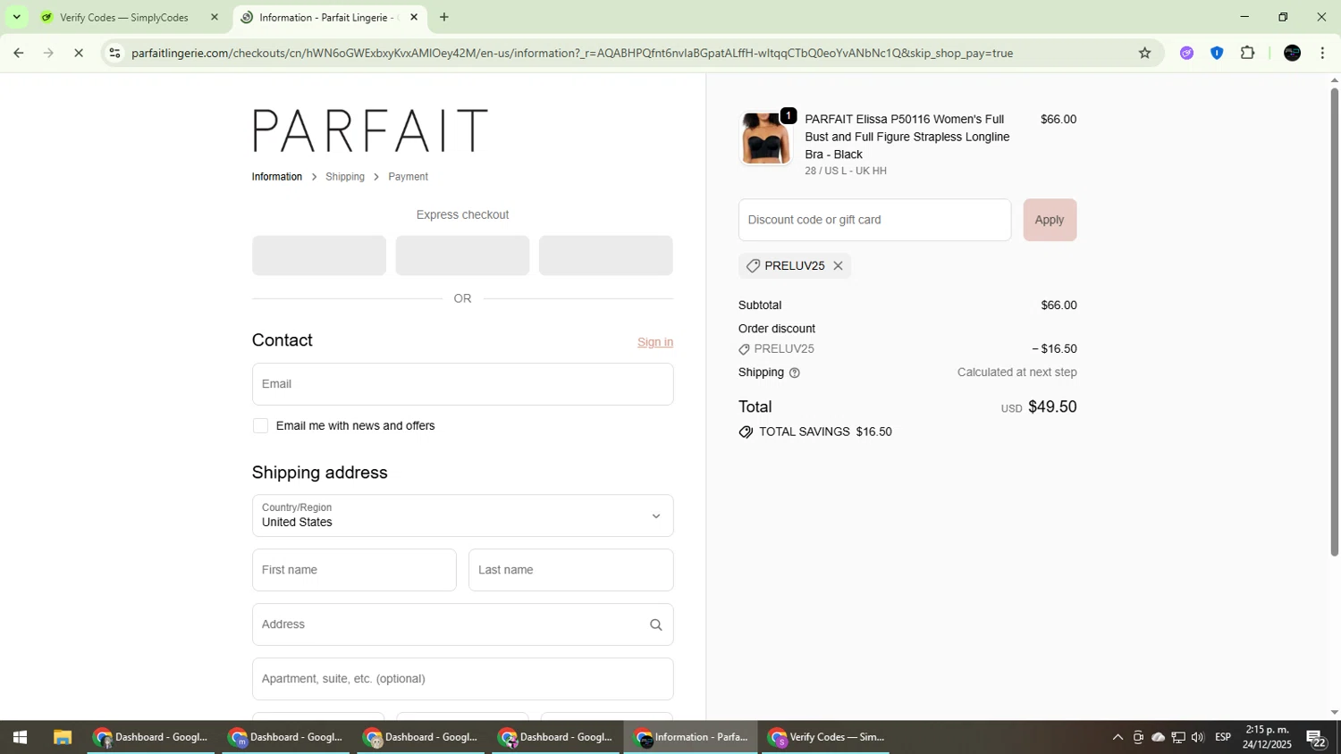 Parfait Lingerie promo code screenshot showing code PRELUV25 applied at Parfait Lingerie checkout page. Uploaded by SimplyCodes community member CarmenVGR on Dec 24, 2025