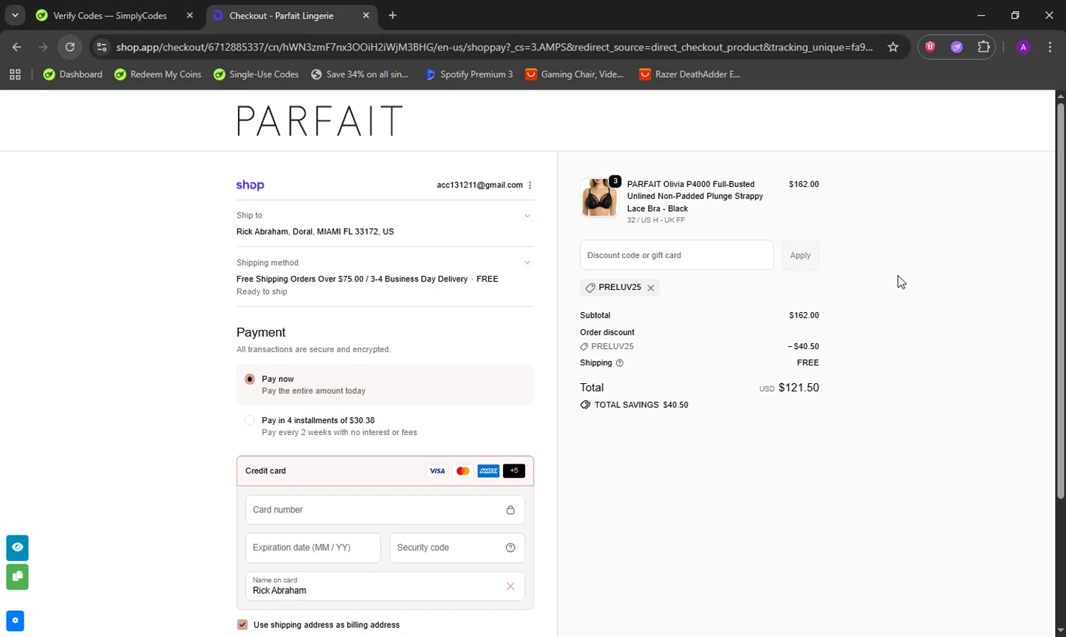 Parfait Lingerie promo code screenshot showing code PRELUV25 applied at Parfait Lingerie checkout page. Uploaded by SimplyCodes community member DeathBone on Oct 11, 2025