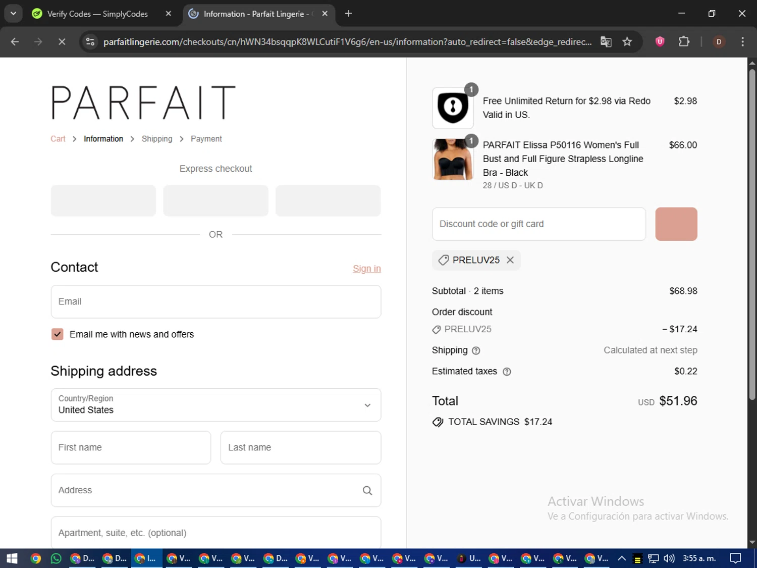 Parfait Lingerie promo code screenshot showing code PRELUV25 applied at Parfait Lingerie checkout page. Uploaded by SimplyCodes community member liltecca on Sep 17, 2025