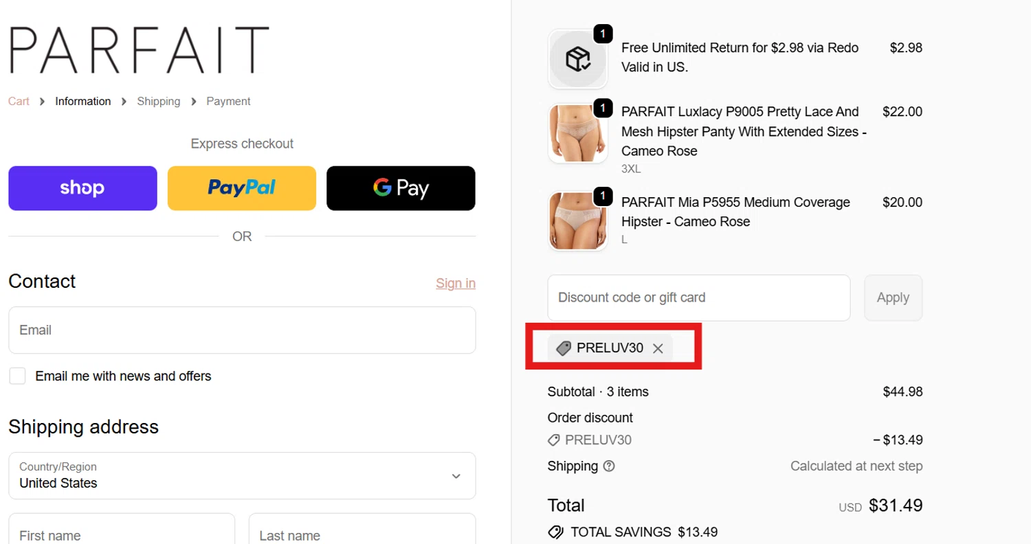 Parfait Lingerie promo code screenshot showing code PRELUV30 applied at Parfait Lingerie checkout page. Uploaded by SimplyCodes community member CleverSentinel4477 on Nov 20, 2025