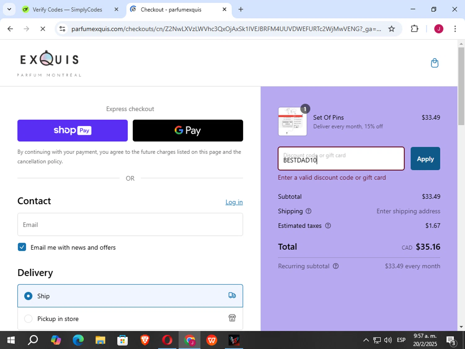 Parfum Exquis discount code screenshot showing code BESTDAD10 applied at Parfum Exquis checkout page. Uploaded by SimplyCodes community member vergil_lains on Feb 20, 2025
