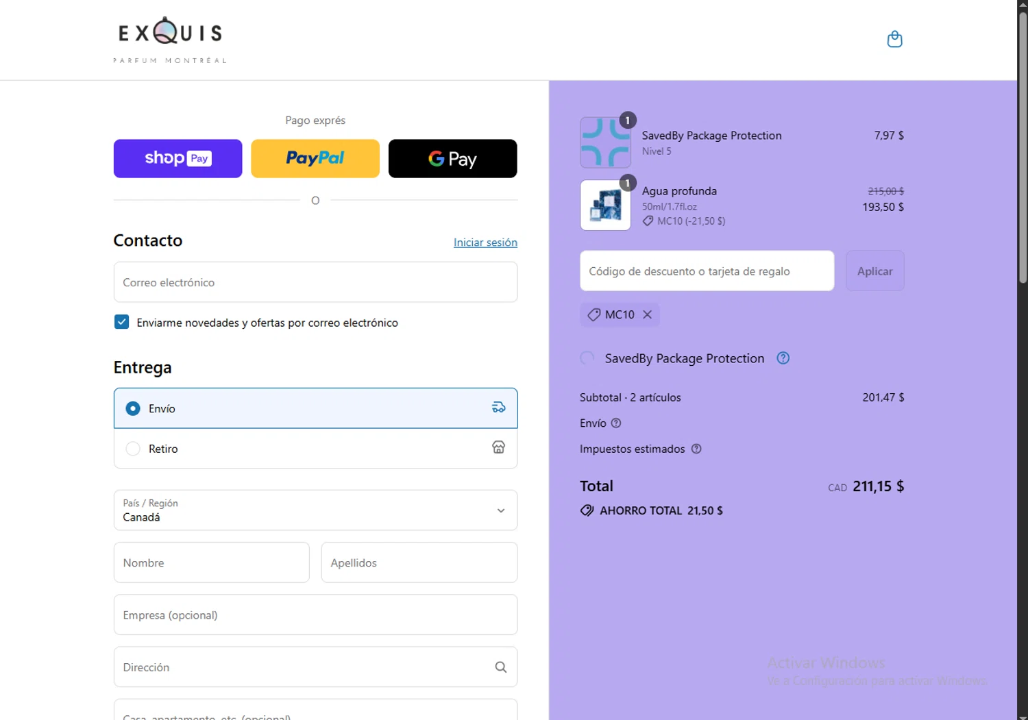 Parfum Exquis discount code screenshot showing code MC10 applied at Parfum Exquis checkout page. Uploaded by SimplyCodes community member FortunateDefender7285 on Aug 4, 2025