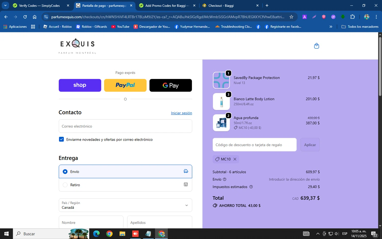 Parfum Exquis discount code screenshot showing code MC10 applied at Parfum Exquis checkout page. Uploaded by SimplyCodes community member helicoide on Nov 14, 2025