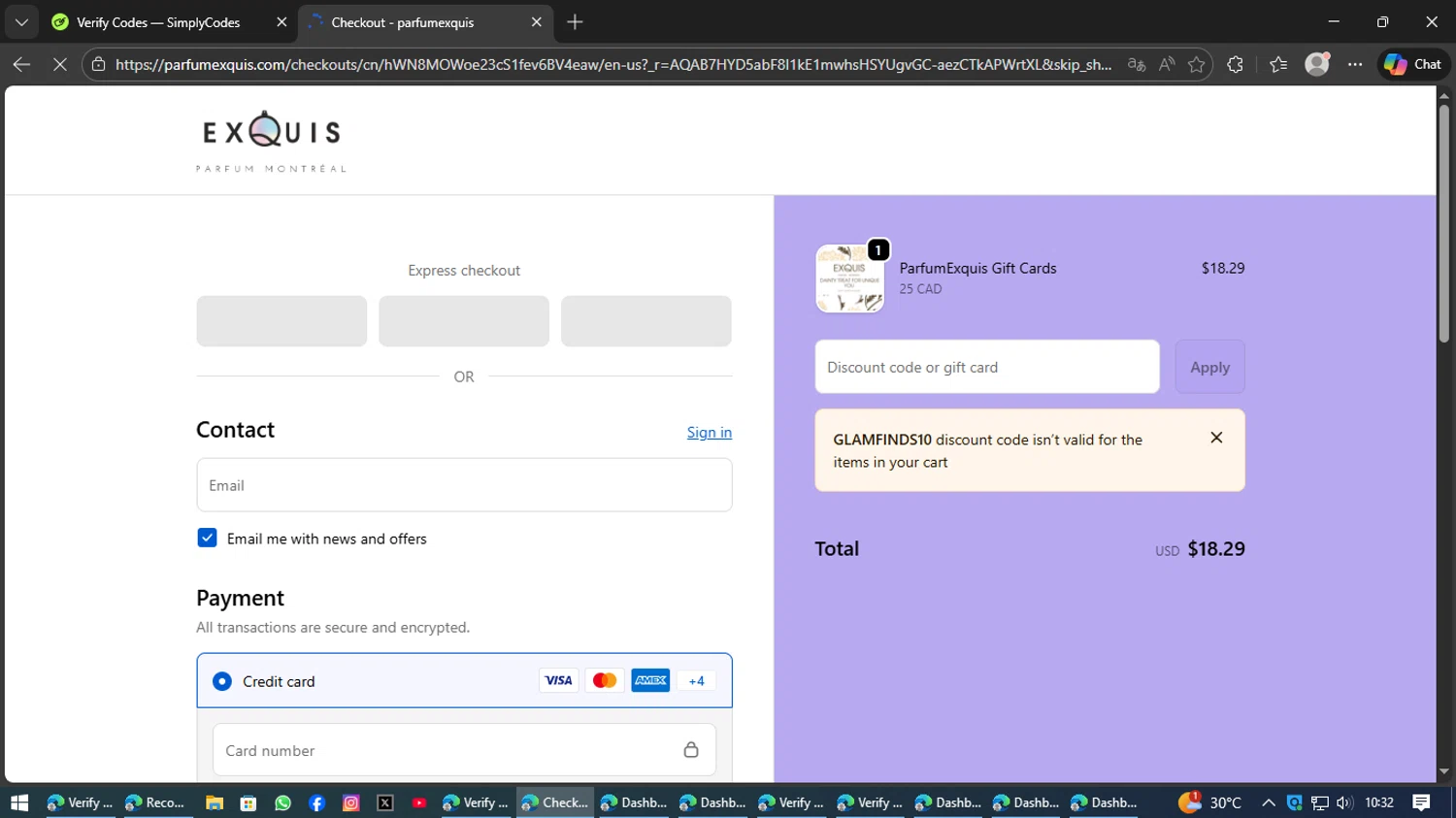Parfum Exquis discount code screenshot showing code GLAMFINDS10 applied at Parfum Exquis checkout page. Uploaded by SimplyCodes community member AVAMUSTANG on Feb 3, 2026