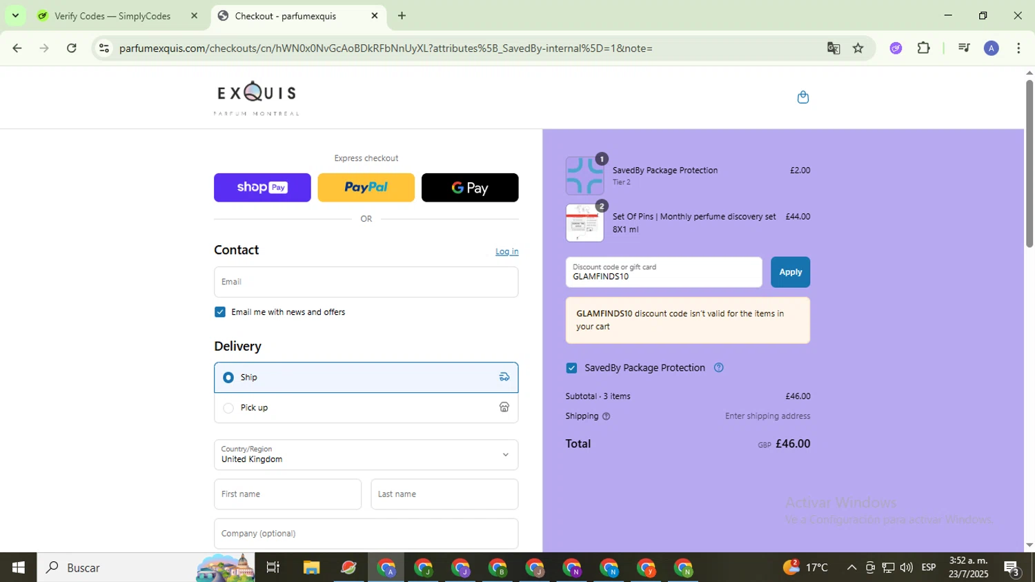 Parfum Exquis discount code screenshot showing code GLAMFINDS10 applied at Parfum Exquis checkout page. Uploaded by SimplyCodes community member TreasureCaptain5531 on Jul 23, 2025