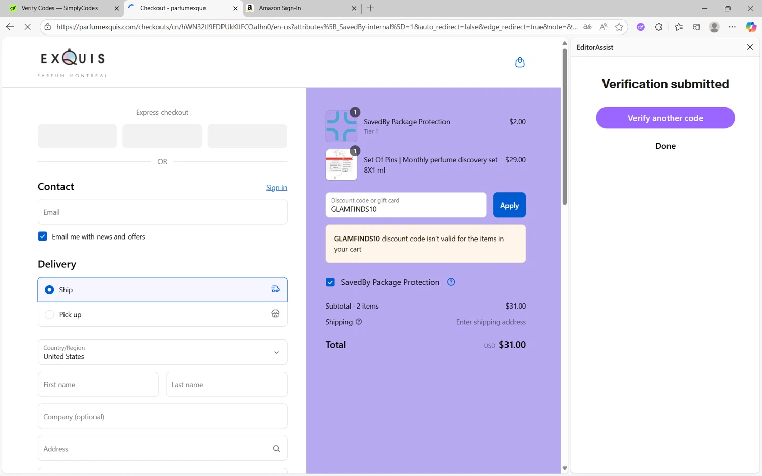 Parfum Exquis discount code screenshot showing code GLAMFINDS10 applied at Parfum Exquis checkout page. Uploaded by SimplyCodes community member frijolito on Sep 16, 2025