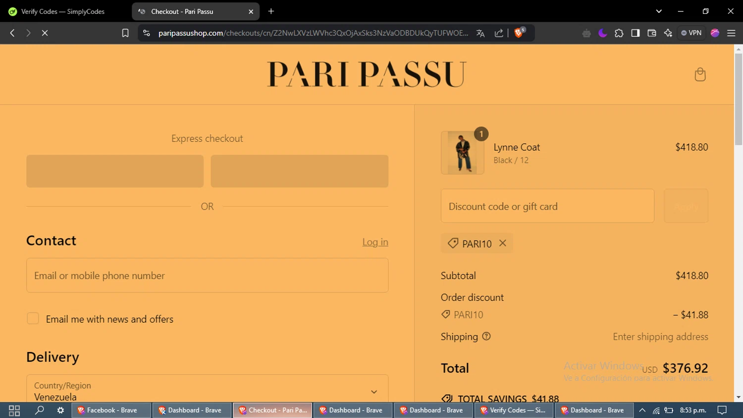 Pari Passu promo code screenshot showing code PARI10 applied at Pari Passu checkout page. Uploaded by SimplyCodes community member NobleMonarch9875 on Feb 4, 2025