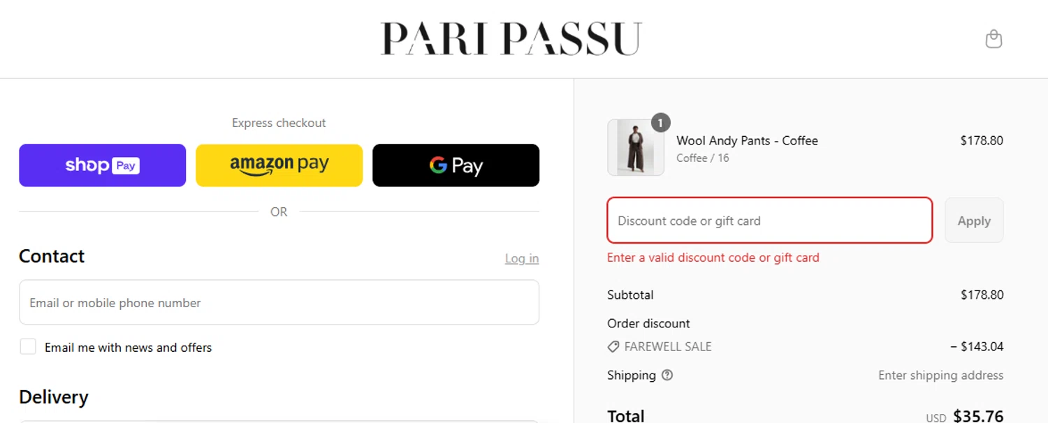 Pari Passu promo code screenshot showing code alison50 applied at Pari Passu checkout page. Uploaded by SimplyCodes community member leiraM on May 25, 2025