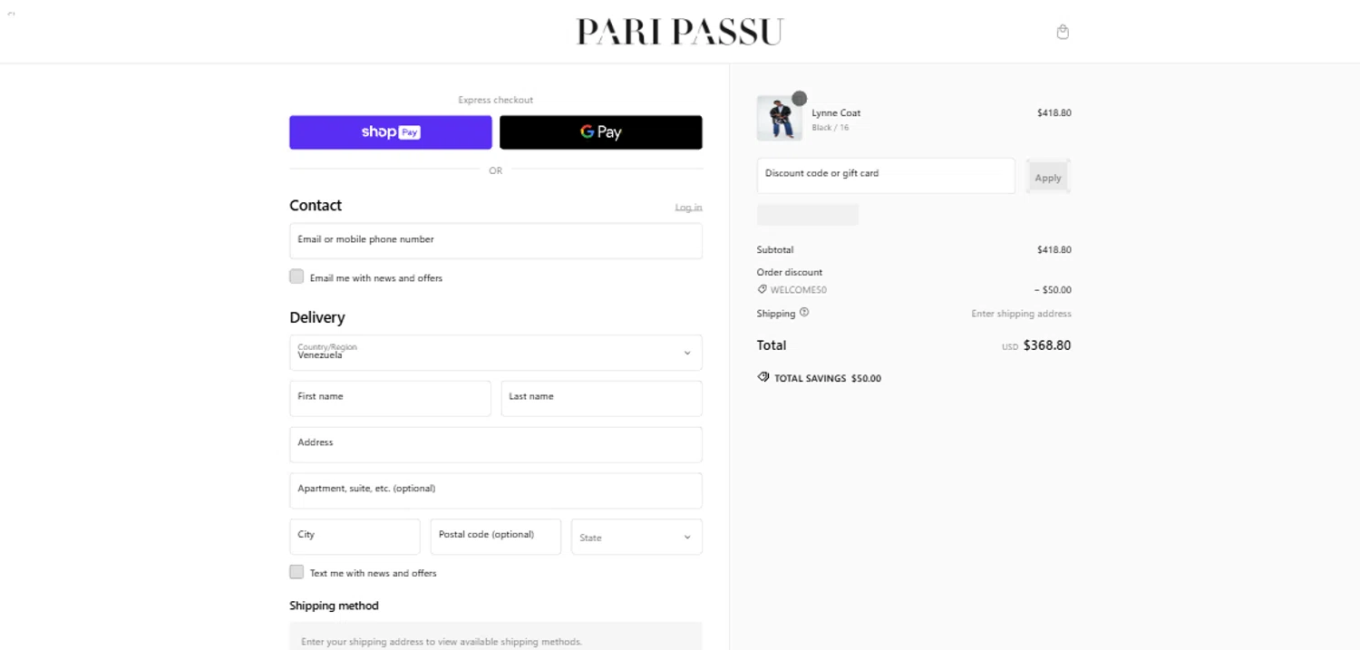 Pari Passu promo code screenshot showing code Welcome50 applied at Pari Passu checkout page. Uploaded by SimplyCodes community member ValiantAce1810 on Feb 16, 2025