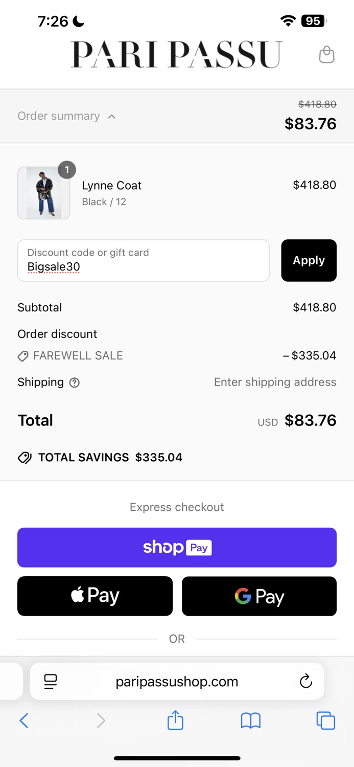 Pari Passu promo code screenshot showing code Bigsale30 applied at Pari Passu checkout page. Uploaded by SimplyCodes community member Cansancio7777 on May 24, 2025
