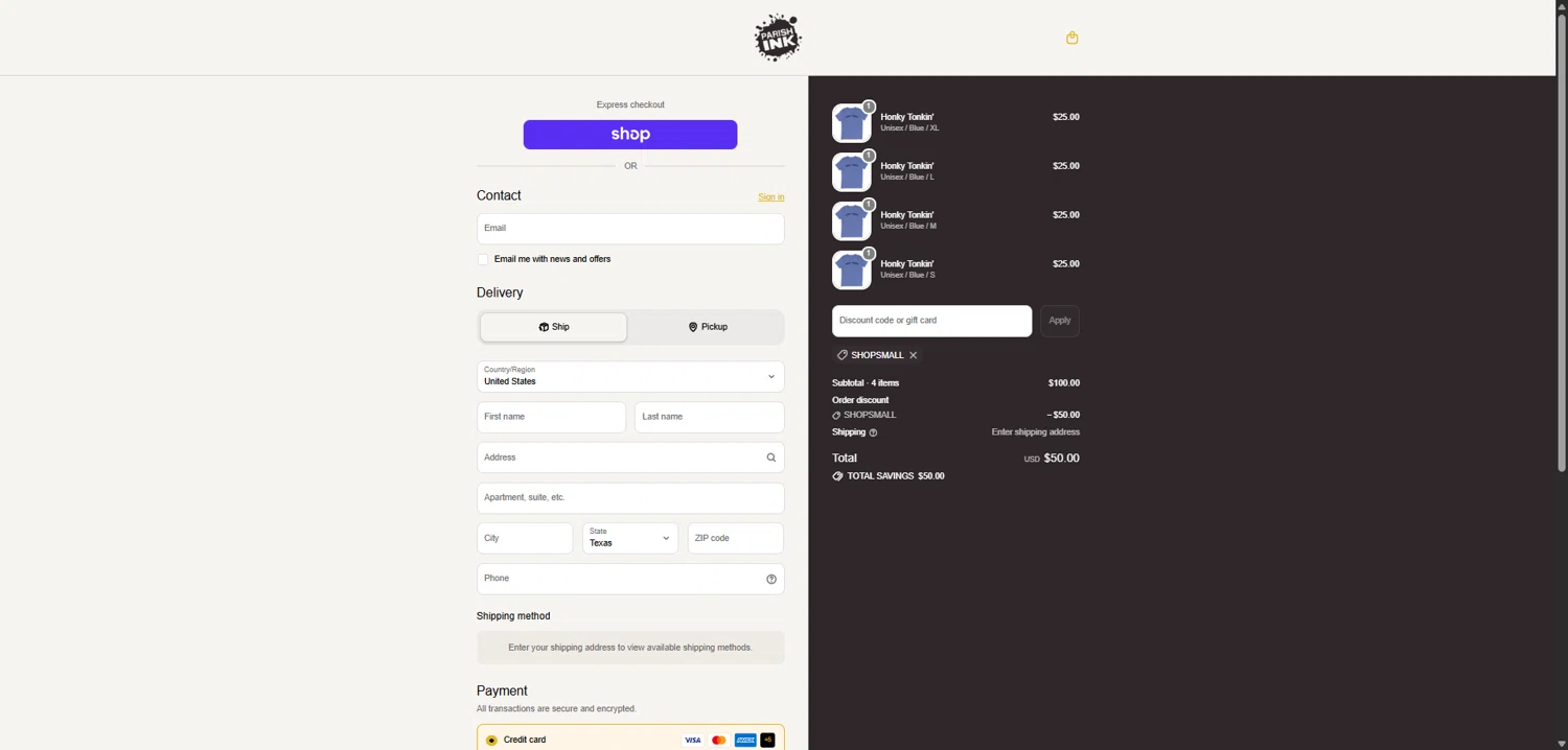 Parish Ink promo code screenshot showing code SHOPSMALL applied at Parish Ink checkout page. Uploaded by SimplyCodes community member ValiantCollector5333 on Apr 6, 2026
