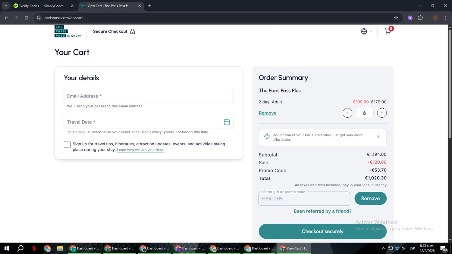 Paris Pass checkout page showing Paris Pass promo code box | Screenshot taken by SimplyCodes community member on Feb 22, 2026