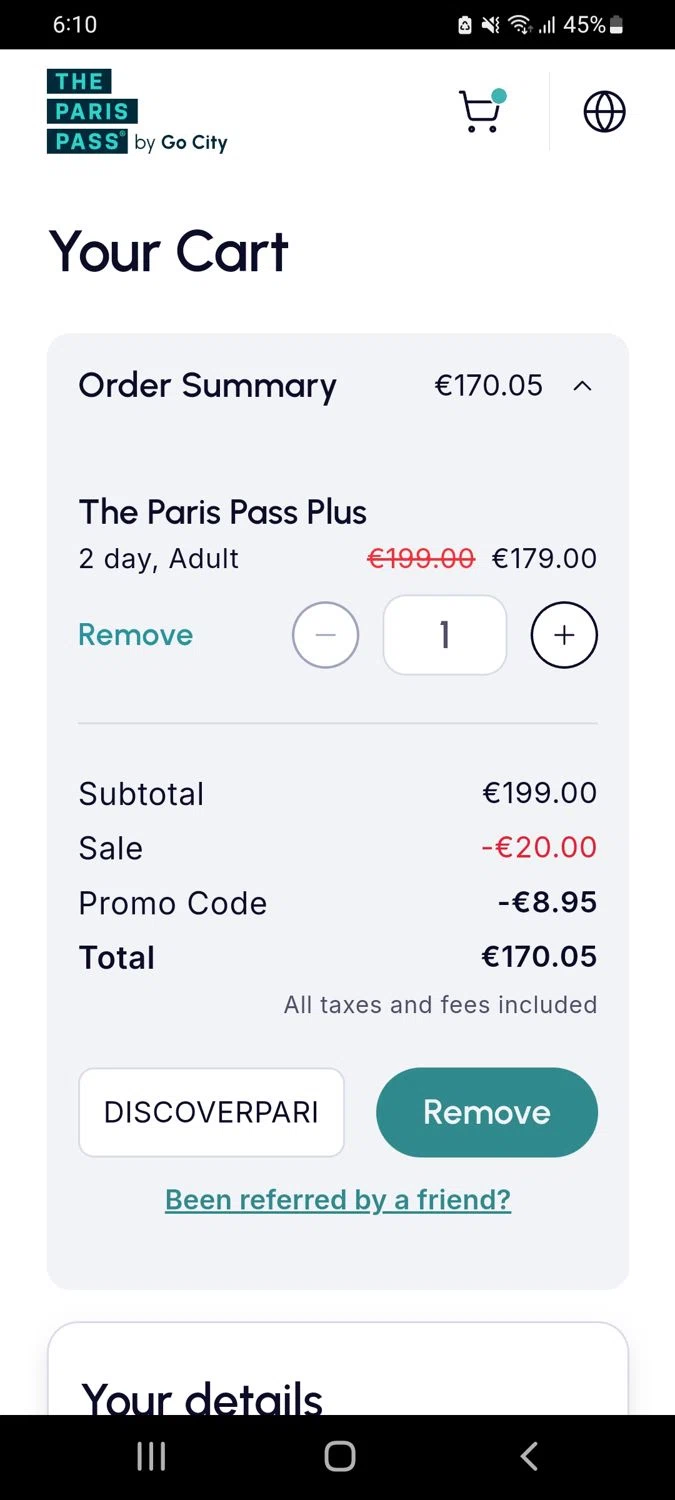 Paris Pass checkout page showing Paris Pass promo code box | Screenshot taken by SimplyCodes community member on Oct 13, 2025
