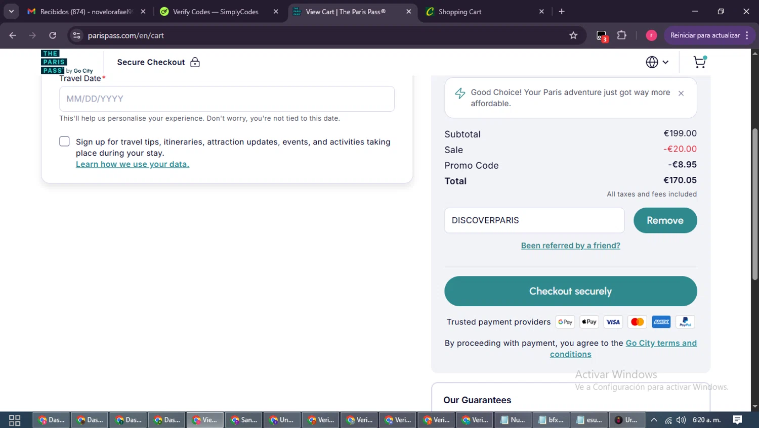 Paris Pass checkout page showing Paris Pass promo code box | Screenshot taken by SimplyCodes community member on Oct 13, 2025