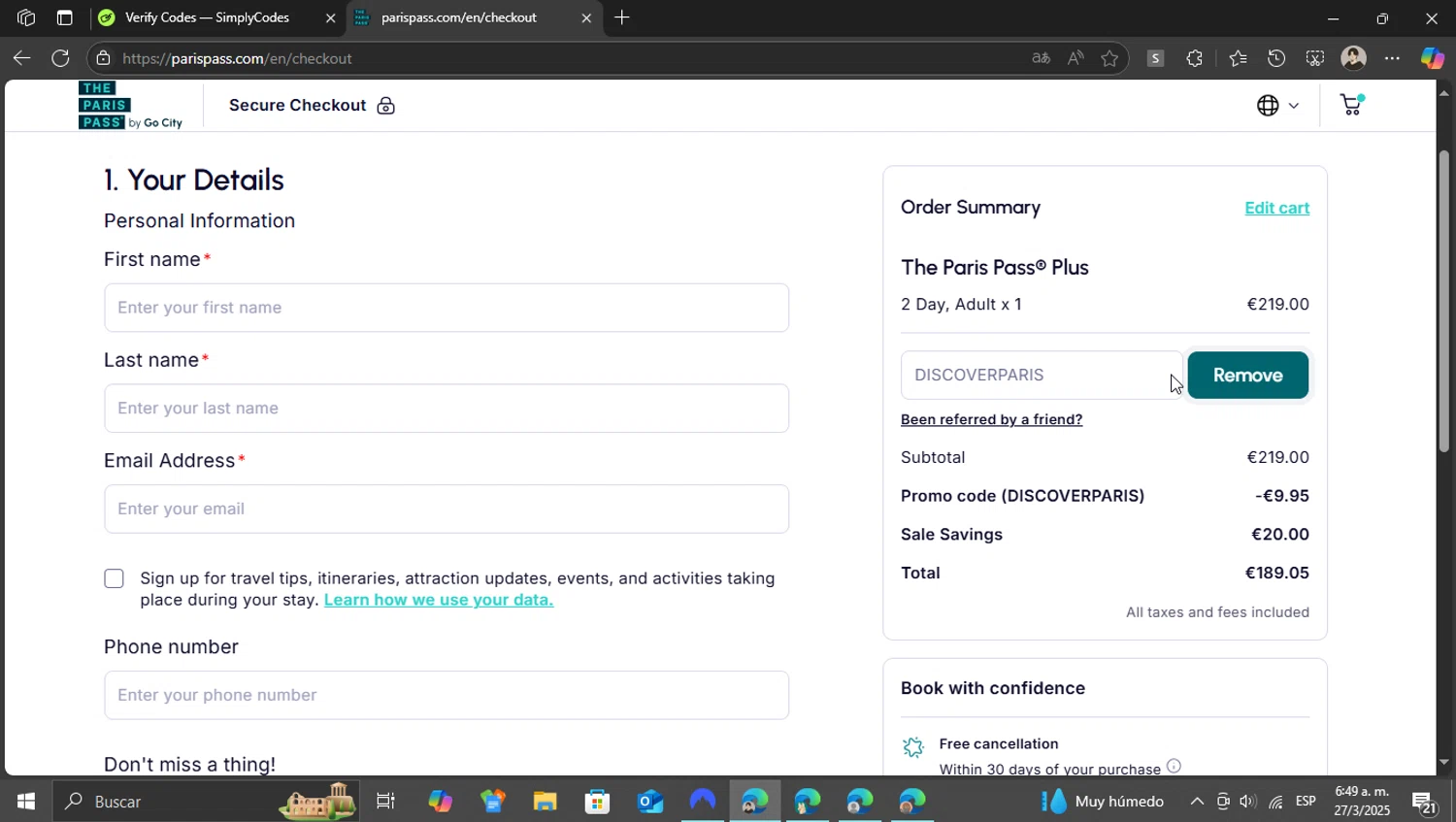 Paris Pass promo code screenshot showing code DISCOVERPARIS applied at Paris Pass checkout page. Uploaded by SimplyCodes community member WonderKnight7884 on Mar 27, 2025