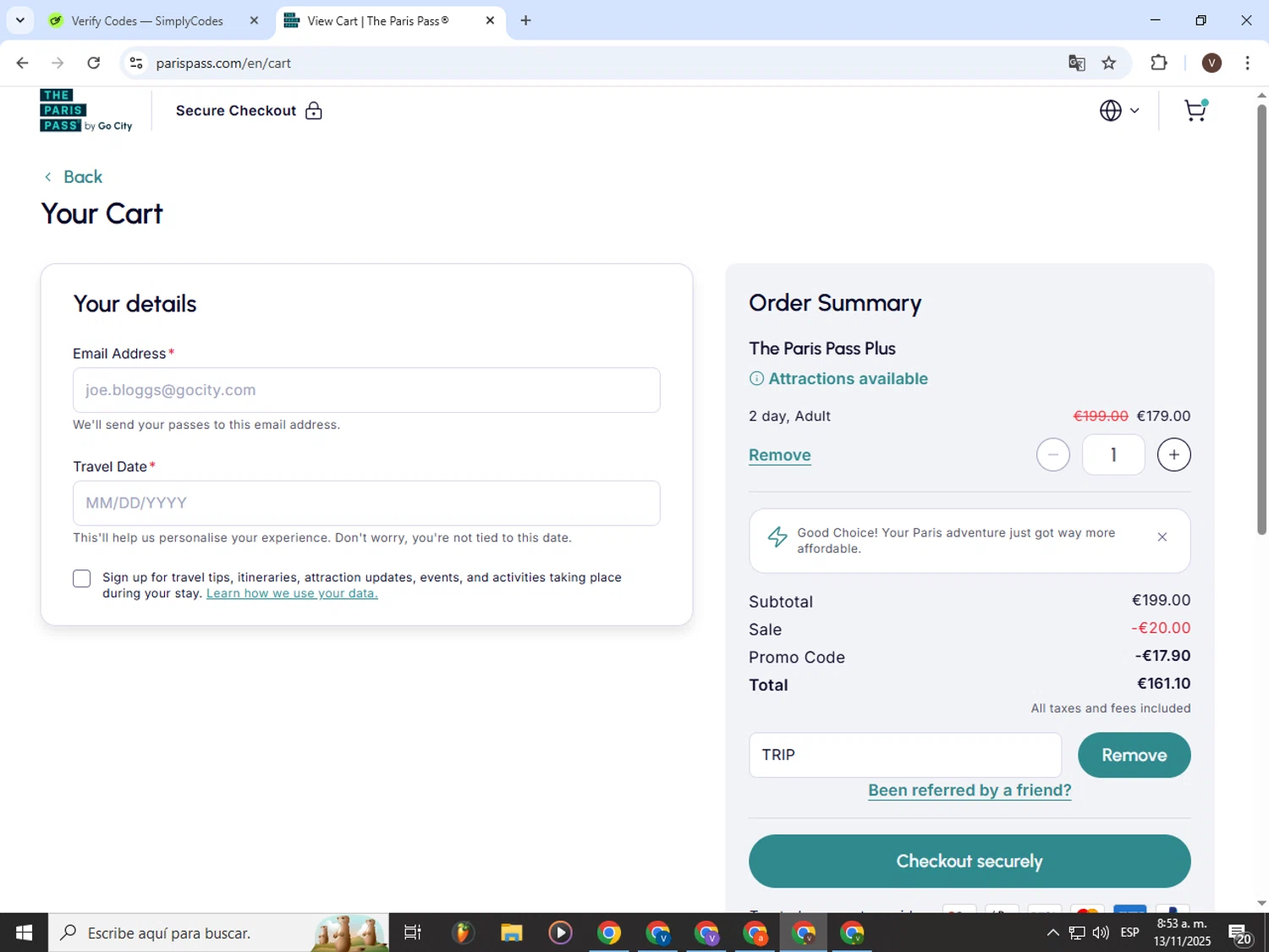 Paris Pass promo code screenshot showing code TRIP applied at Paris Pass checkout page. Uploaded by SimplyCodes community member CashLion3448 on Nov 13, 2025