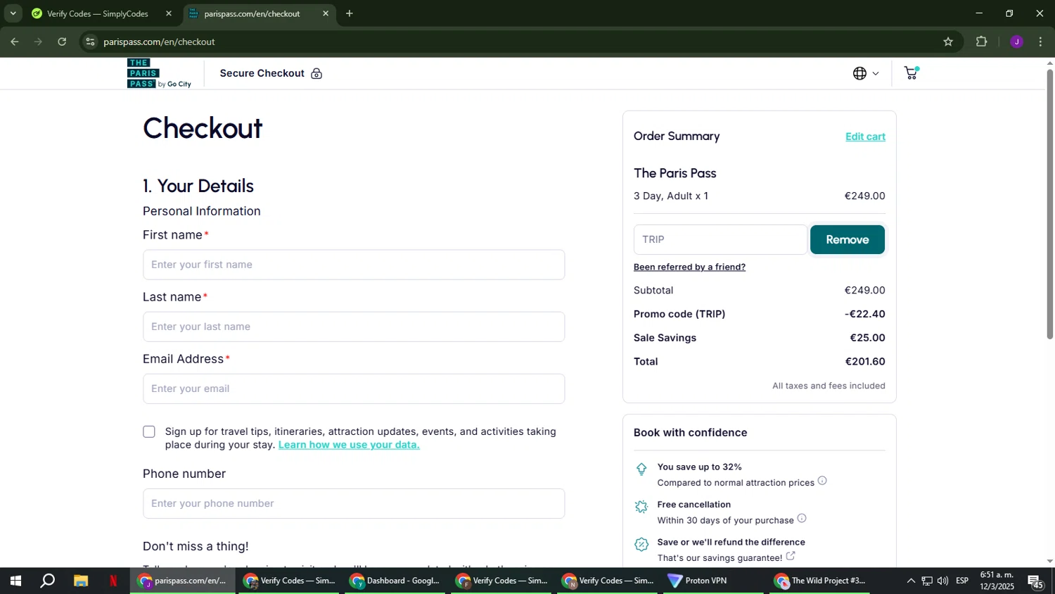Paris Pass promo code screenshot showing code TRIP applied at Paris Pass checkout page. Uploaded by SimplyCodes community member ComeBurra123 on Mar 12, 2025