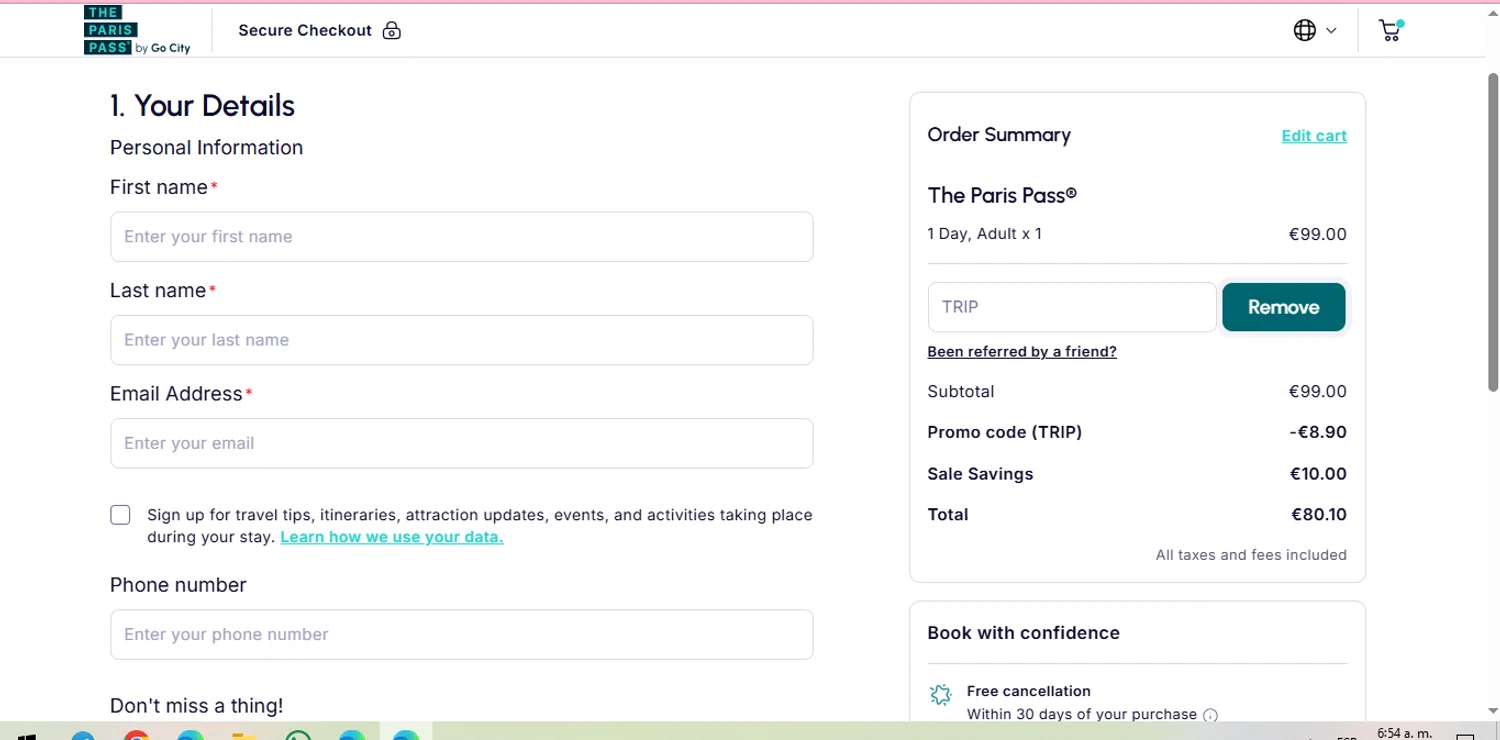 Paris Pass promo code screenshot showing code TRIP applied at Paris Pass checkout page. Uploaded by SimplyCodes community member negrita on Apr 10, 2025