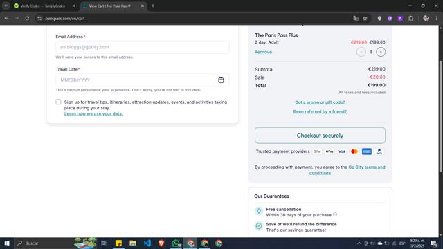 Paris Pass checkout page showing Paris Pass promo code box | Screenshot taken by SimplyCodes community member on Jul 3, 2025