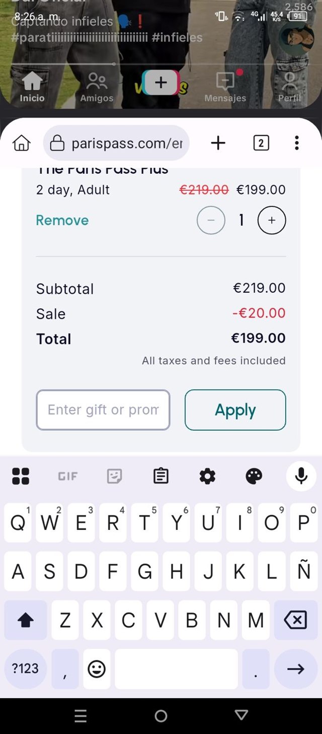 Paris Pass checkout page showing Paris Pass promo code box | Screenshot taken by SimplyCodes community member on Jul 3, 2025