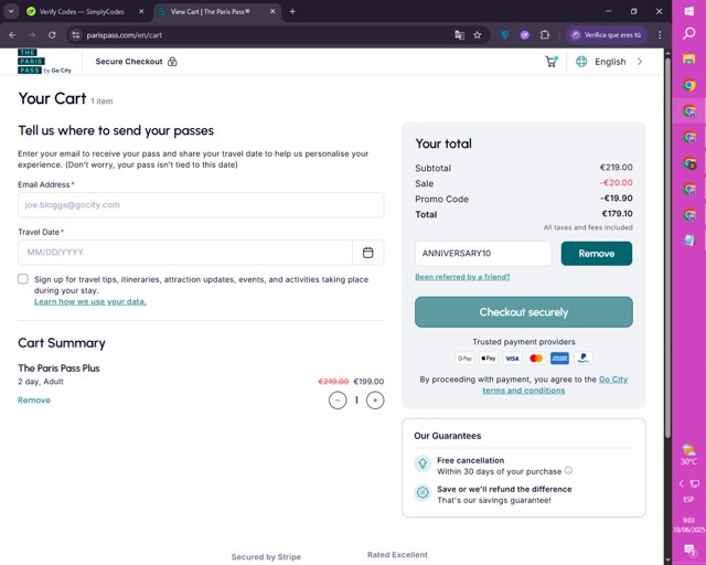 Paris Pass checkout page showing Paris Pass promo code box | Screenshot taken by SimplyCodes community member on Jun 18, 2025
