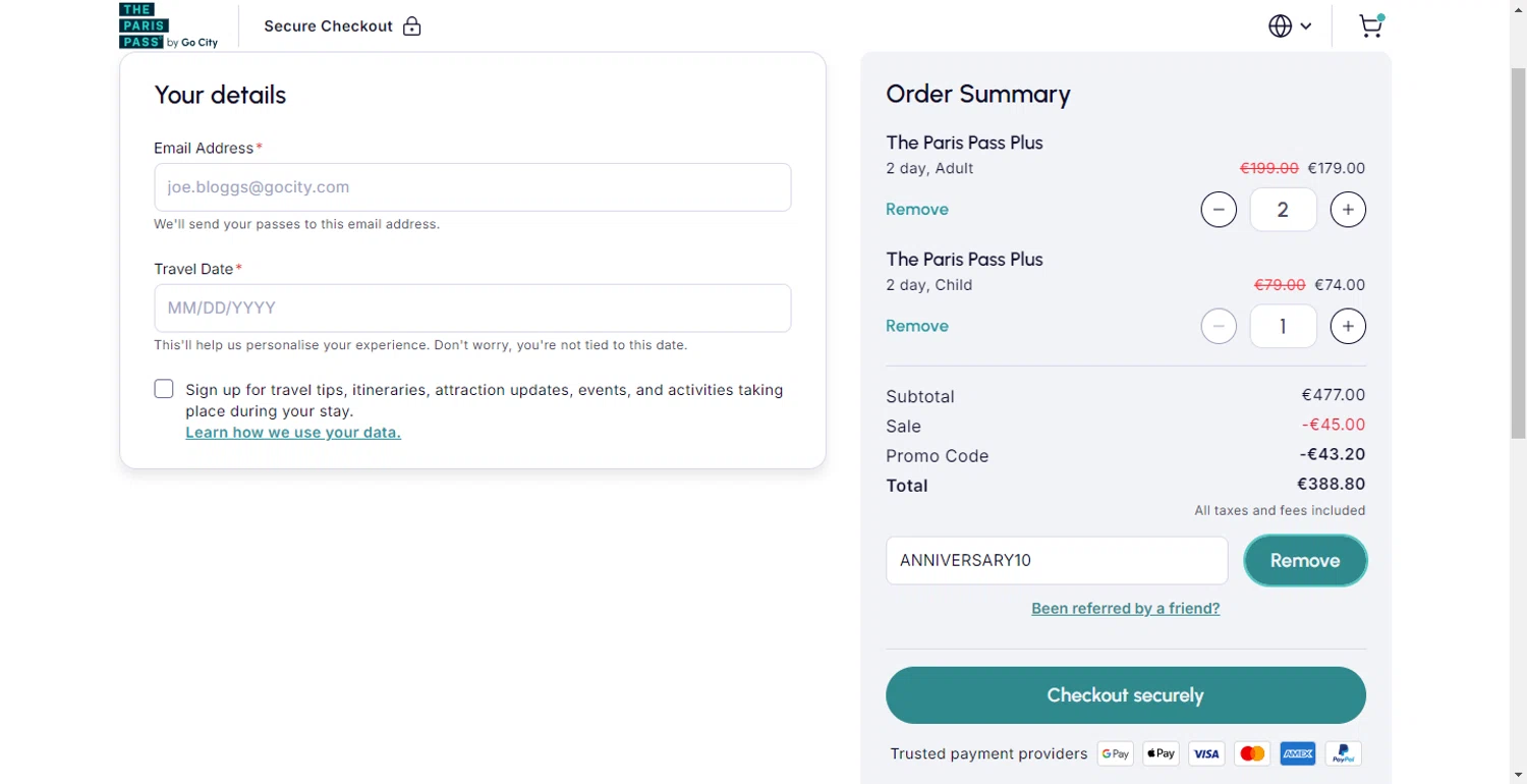 Paris Pass promo code screenshot showing code ANNIVERSARY10 applied at Paris Pass checkout page. Uploaded by SimplyCodes community member DiscountPhoenix427 on Nov 1, 2025