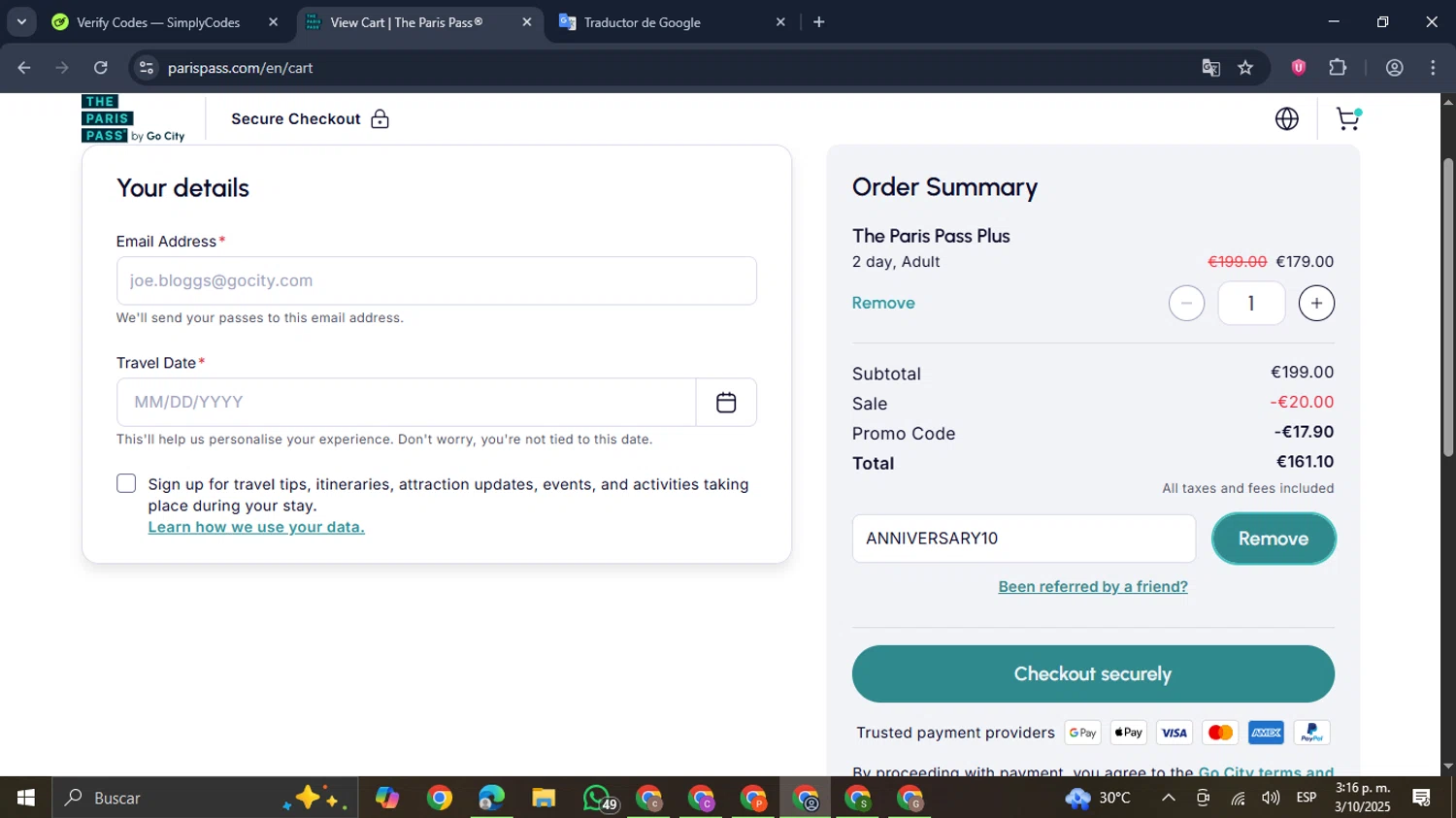 Paris Pass promo code screenshot showing code ANNIVERSARY10 applied at Paris Pass checkout page. Uploaded by SimplyCodes community member GloriousDefender7889 on Oct 3, 2025
