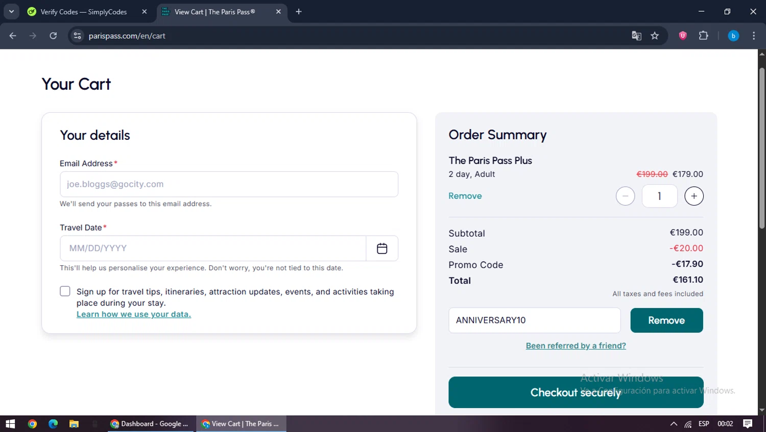 Paris Pass promo code screenshot showing code ANNIVERSARY10 applied at Paris Pass checkout page. Uploaded by SimplyCodes community member bilijr on Sep 5, 2025