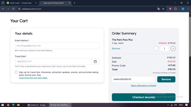 Paris Pass checkout page showing Paris Pass promo code box | Screenshot taken by SimplyCodes community member on Sep 5, 2025