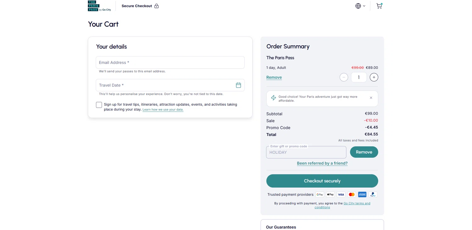Paris Pass promo code screenshot showing code HOLIDAY applied at Paris Pass checkout page. Uploaded by SimplyCodes community member pabloprieto on Dec 28, 2025
