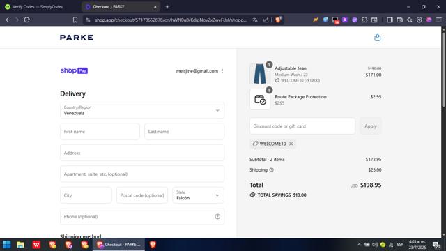 PARKE checkout page showing PARKE discount code box | Screenshot taken by SimplyCodes community member on Jul 23, 2025