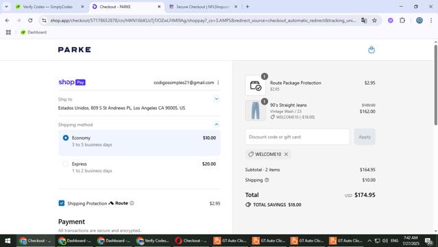 PARKE checkout page showing PARKE discount code box | Screenshot taken by SimplyCodes community member on Jul 27, 2025