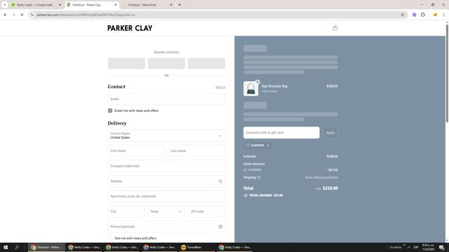Parker Clay checkout page showing Parker Clay discount code box | Screenshot taken by SimplyCodes community member on Sep 11, 2025