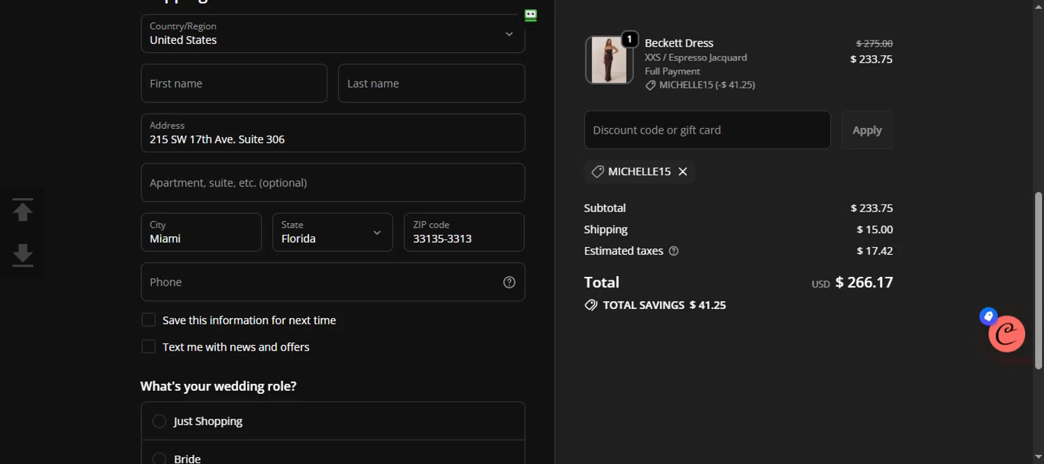 Park Fifth discount code screenshot showing code MICHELLE15 applied at Park Fifth checkout page. Uploaded by SimplyCodes community member 111111 on Oct 5, 2025