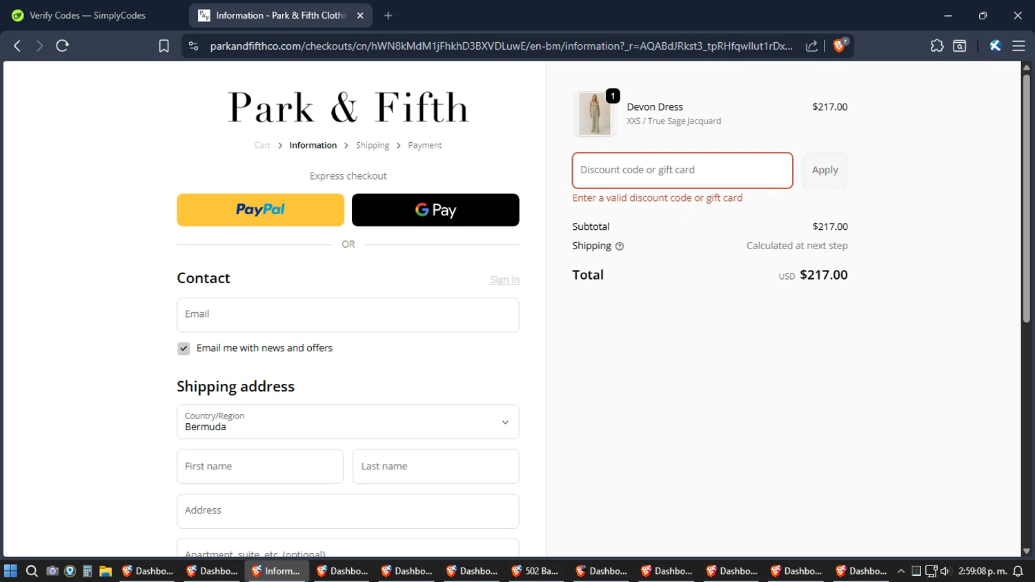 Park Fifth discount code screenshot showing code WEDDINGSZN15 applied at Park Fifth checkout page. Uploaded by SimplyCodes community member Jgomez on Feb 13, 2026