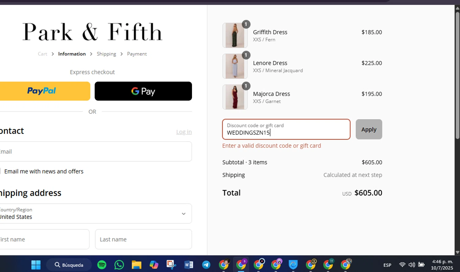 Park Fifth discount code screenshot showing code WEDDINGSZN15 applied at Park Fifth checkout page. Uploaded by SimplyCodes community member Lamadama on Jul 10, 2025