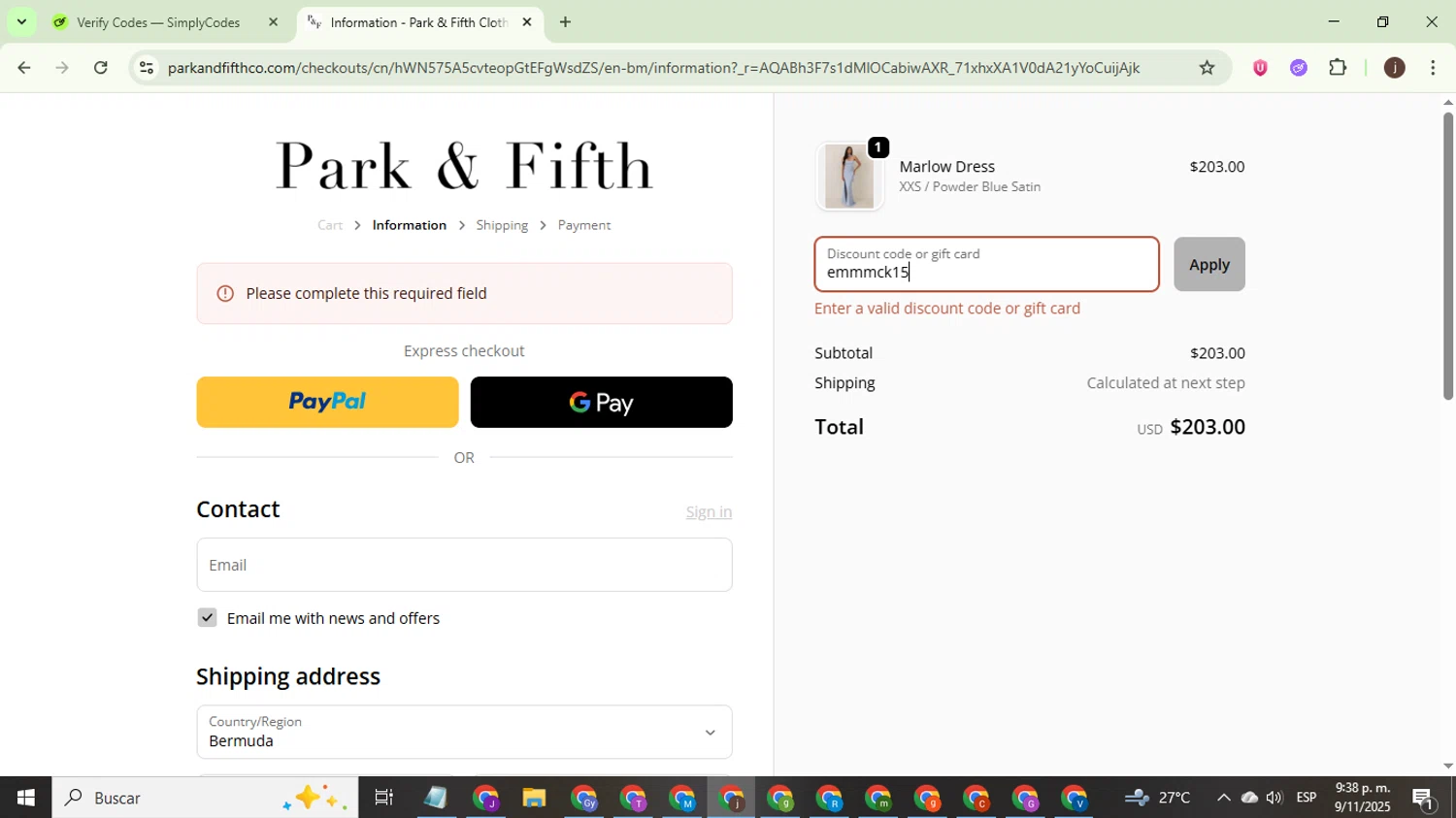 Park Fifth discount code screenshot showing code emmmck15 applied at Park Fifth checkout page. Uploaded by SimplyCodes community member WonderEagle9833 on Nov 10, 2025